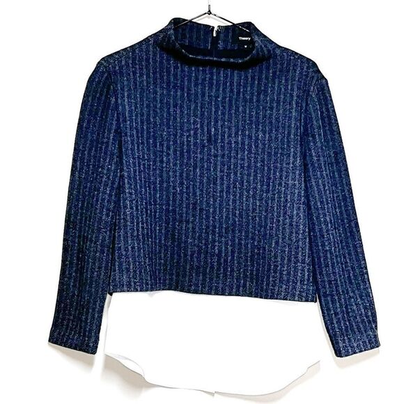 NWOT THEORY Melbourne Gracila Navy Pinstriped Wool Blend 3/4 Sleeve Top Size M - Picture 3 of 8